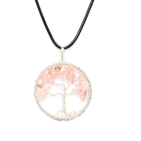 Round Silver Pendant Wire Wrapped Rose Quartz Tree of Life Fashion Necklace - Picture 7 of 8